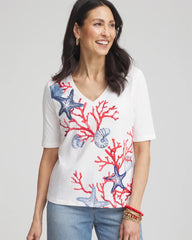 Chico's Clothing Coral Print V-Neck Perfect Tee