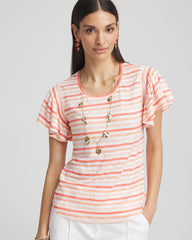 Chico's Clothing Striped Linen Smocked Flutter-Sleeved Tee