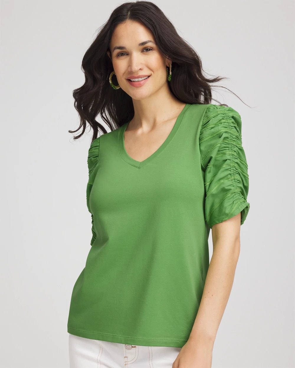 Chico's Clothing Ruched Sleeve V-Neck Tee