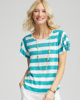 Chico's Clothing Linen Metallic Striped Flutter-Sleeve Tee