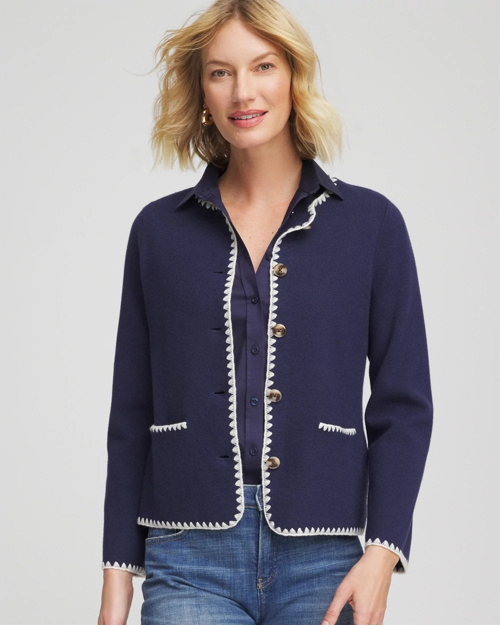 Chico's Clothing Blanket Stitch Crewneck Cardigan