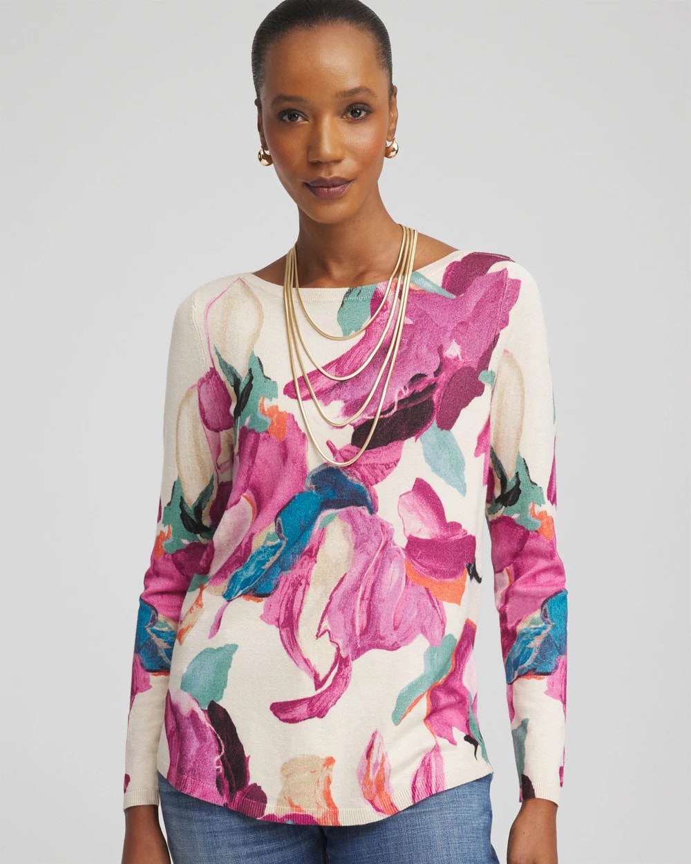 Chico's Clothing Ella Boatneck Watercolor Pullover Sweater
