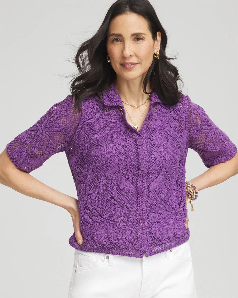 Chico's Clothing Palm-Frond Crochet-Lace Shacket
