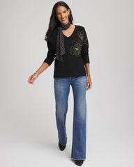 Chico's Clothing Floral Embellished Dolman V-Neck Pullover