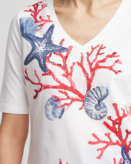 Chico's Clothing Coral Print V-Neck Perfect Tee