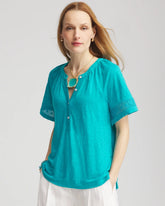 Chico's Clothing Linen Lace-Cutwork Sleeve Henley Tee