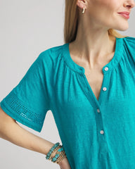 Chico's Clothing Linen Lace-Cutwork Sleeve Henley Tee