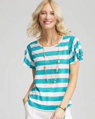 Chico's Clothing Linen Metallic Striped Flutter-Sleeve Tee