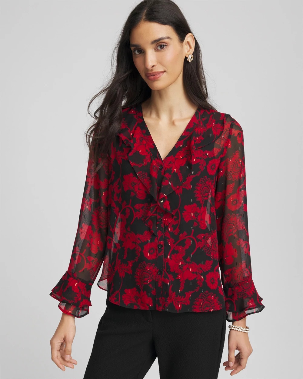 Chico's Clothing Georgette Clip Dot Ruffle Blouse