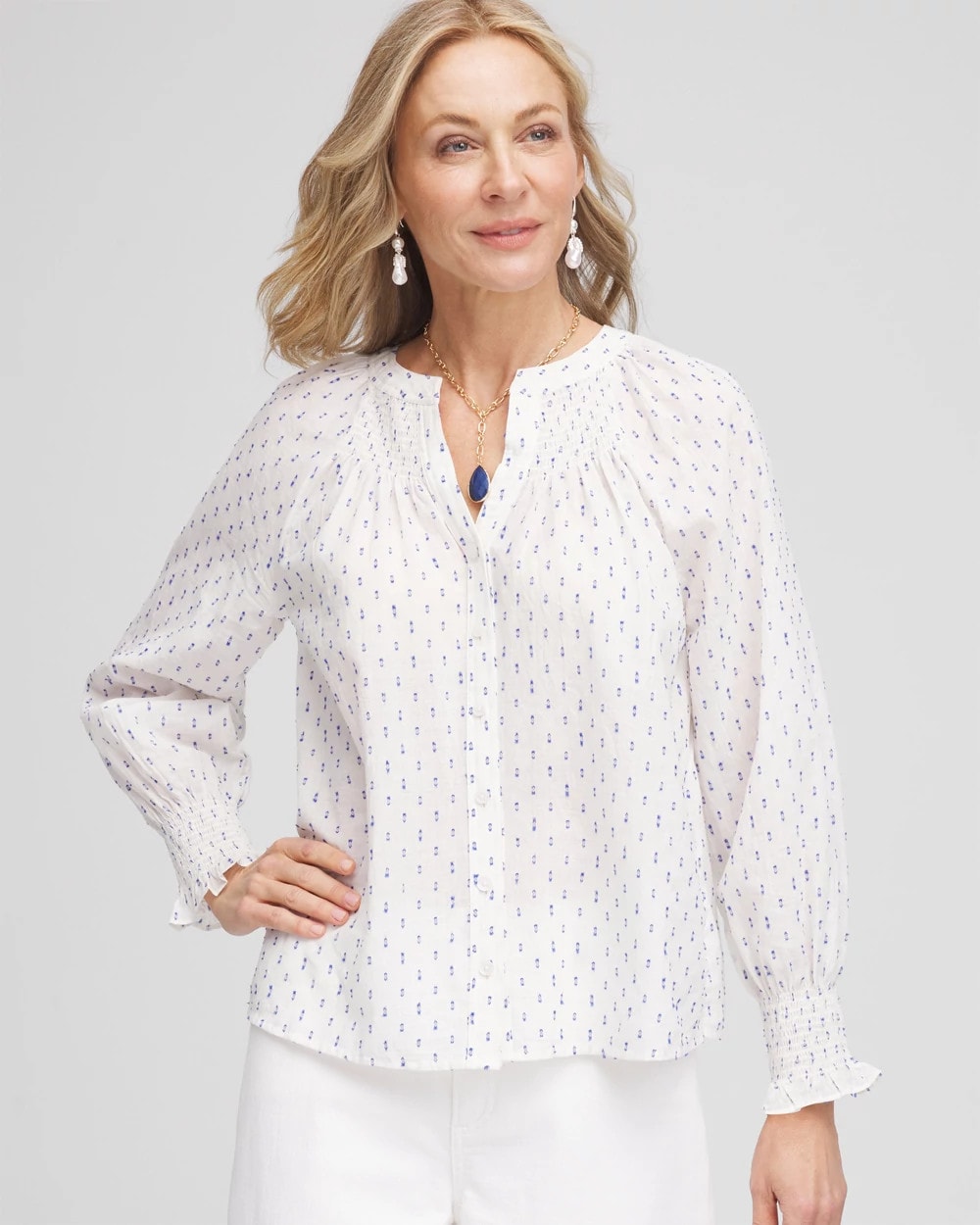 Chico's Clothing Smocked Split-neck Blouse