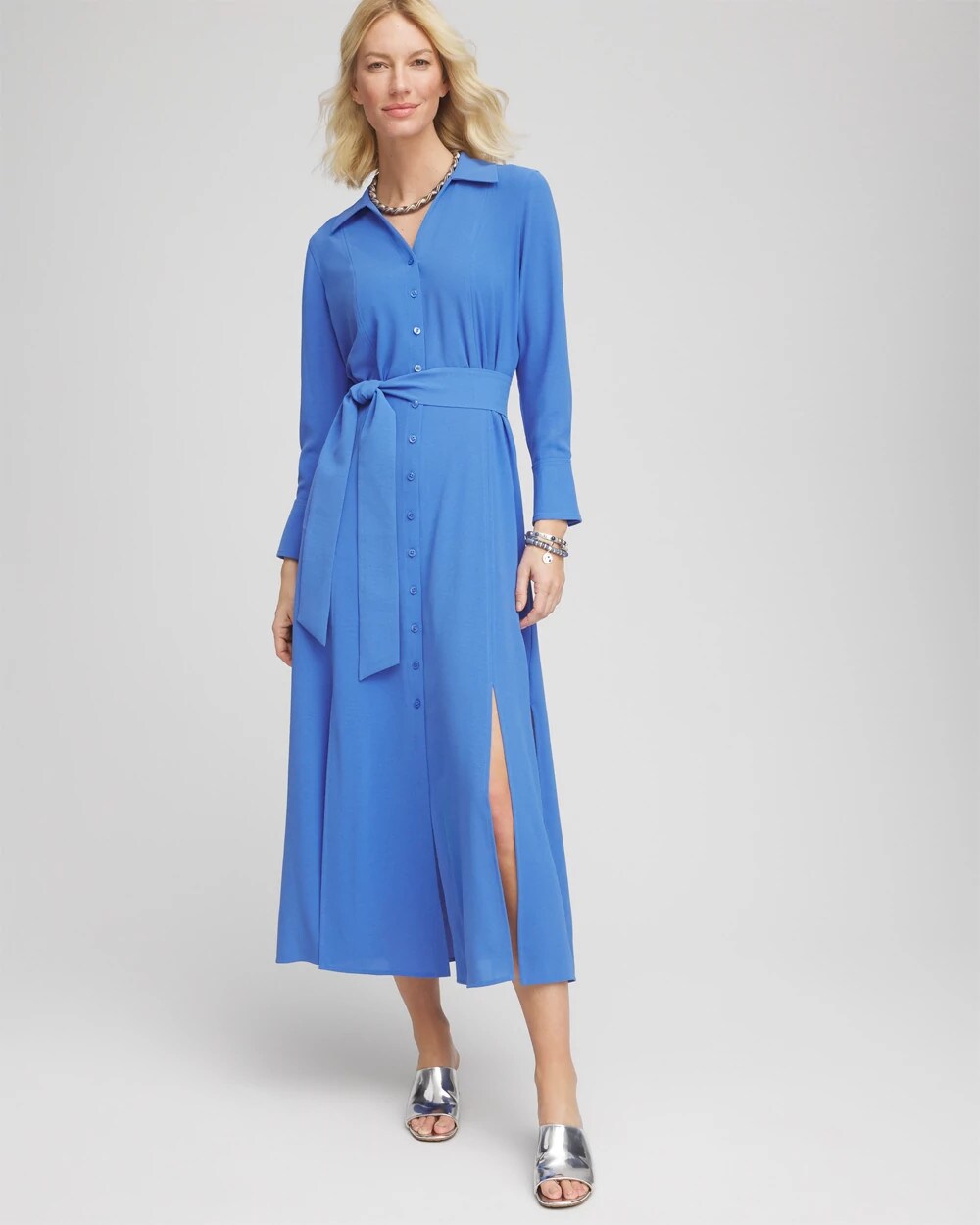 Chico's Clothing Belted Split Hem Maxi Shirtdress