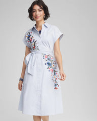 Chico's Clothing Striped Embroidered Poplin Midi Shirtdress