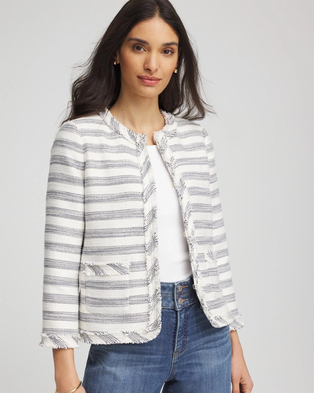 Chico's Clothing Striped Tweed Collarless Box Jacket