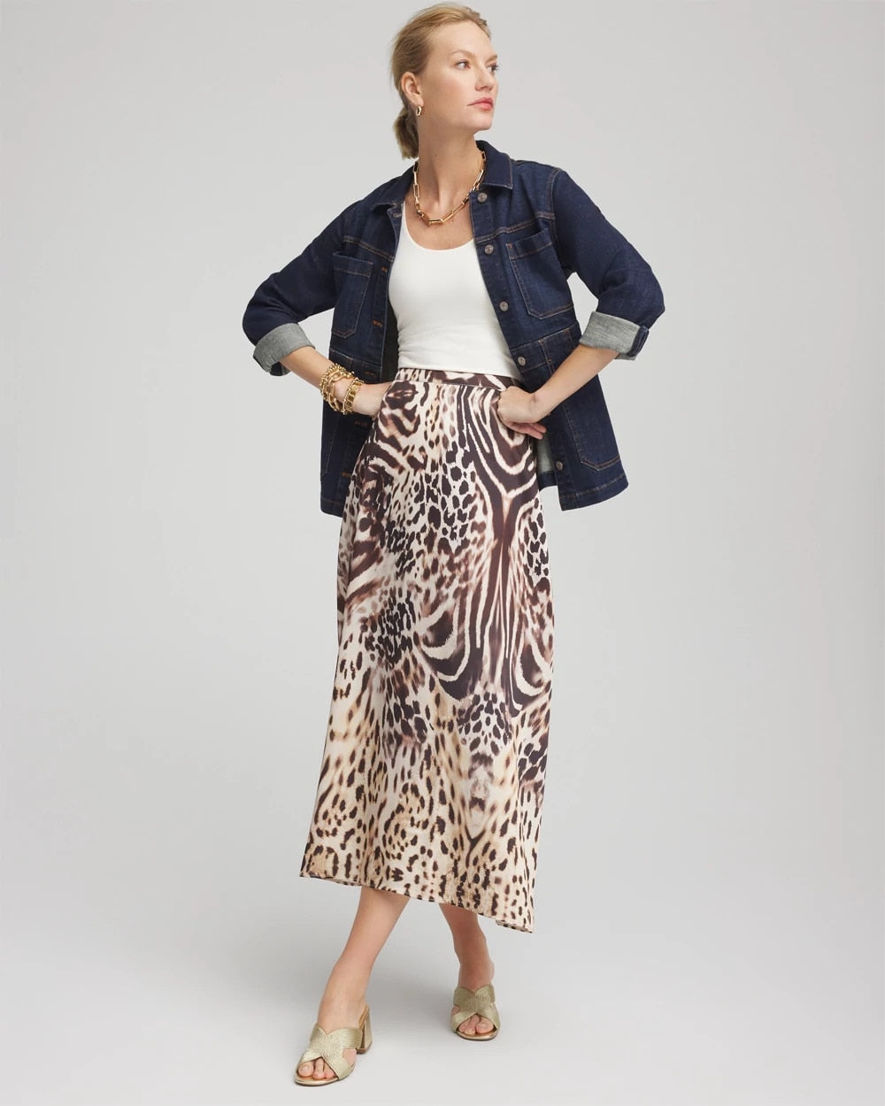 Chico's Clothing Animal Bengal Marks Faux Satin Skirt