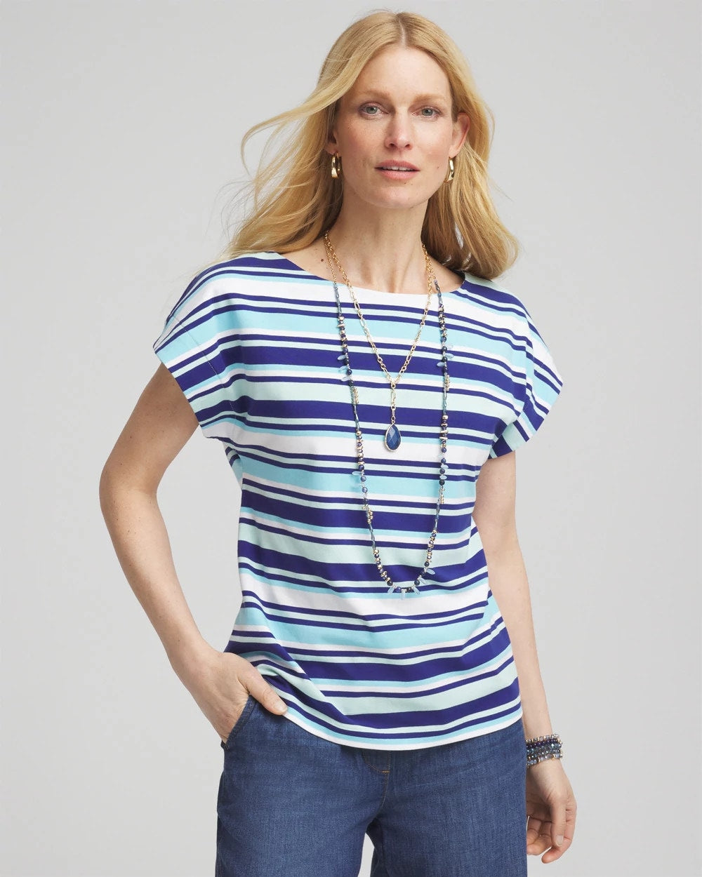 Chico's Clothing Stripe Modern Cap Sleeve Tee