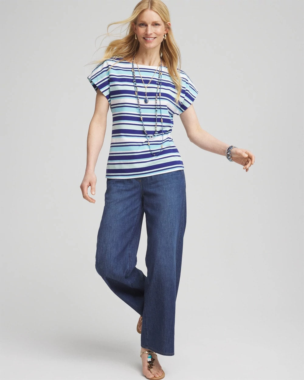 Chico's Clothing Stripe Modern Cap Sleeve Tee