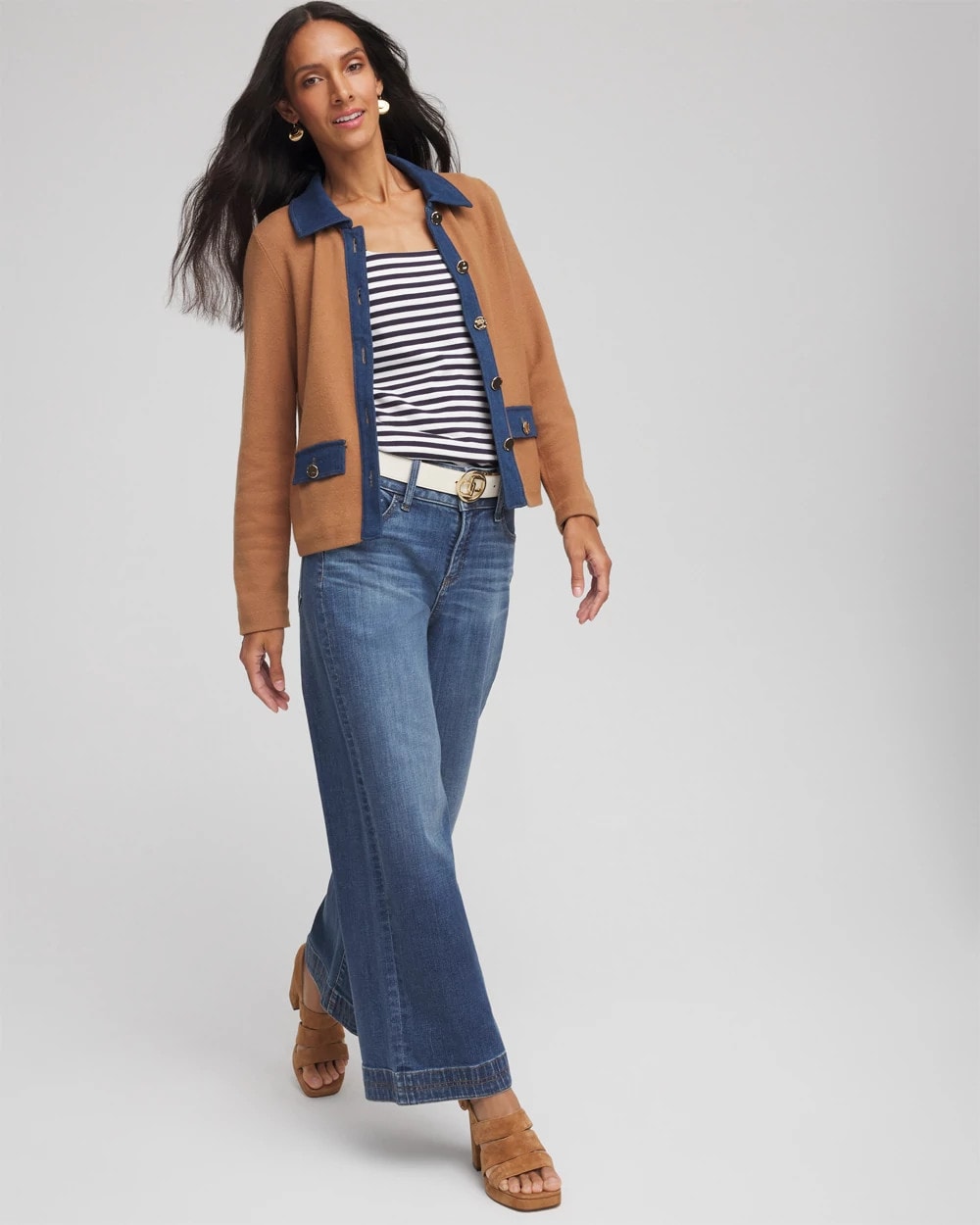 Chico's Clothing Collared Denim Trim Cardigan