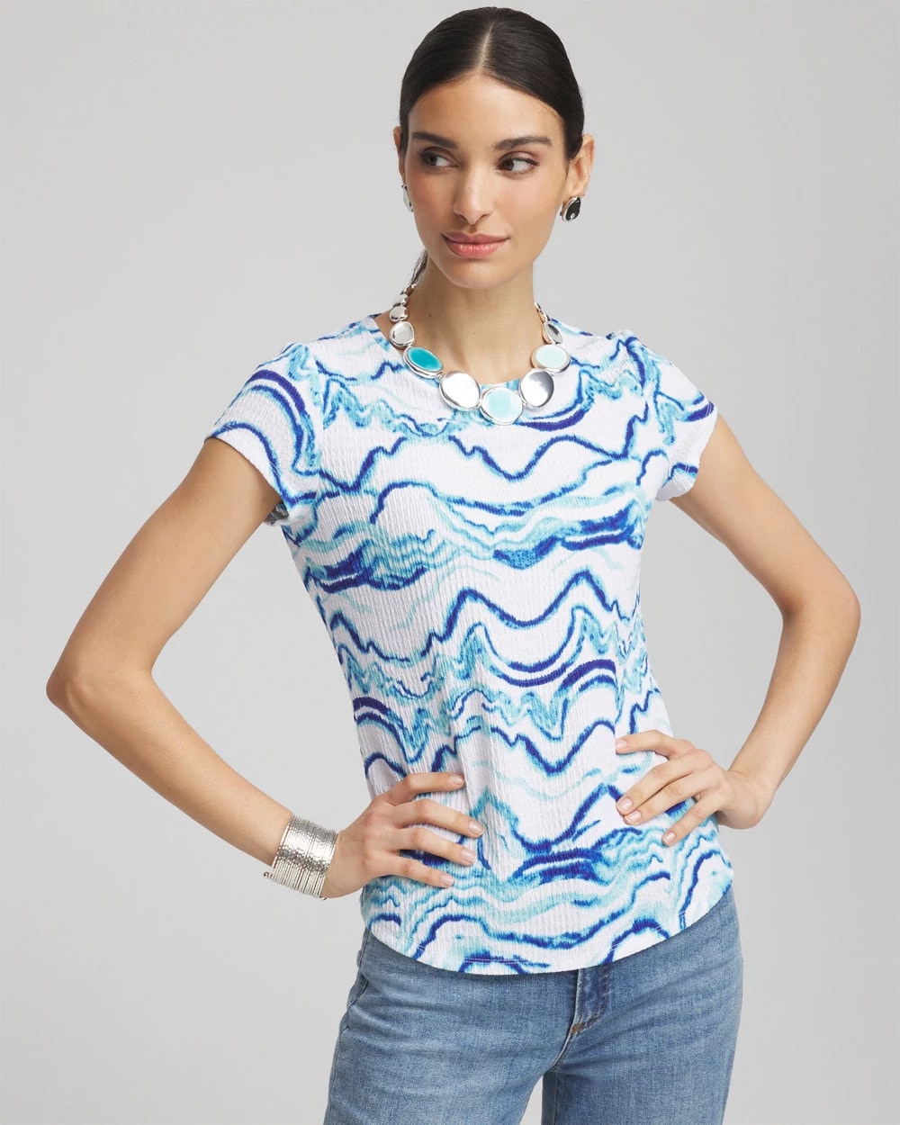 Chico's Clothing Ocean Waves Cap Sleeve Dolman Tee