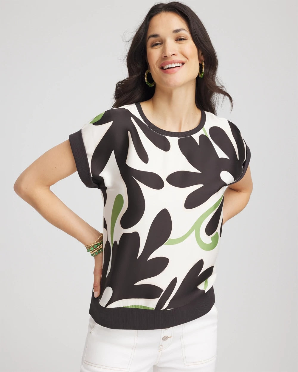 Chico's Clothing Floral Rib-Knit Satin Top