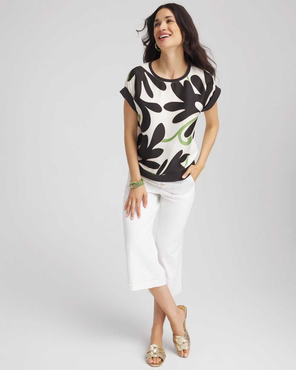 Chico's Clothing Floral Rib-Knit Satin Top