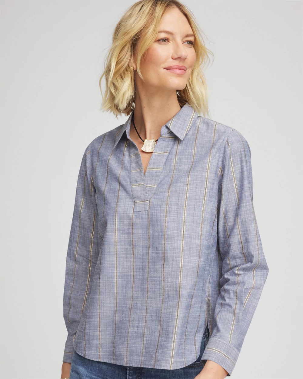 Chico's Clothing Striped Soft Denim Popover