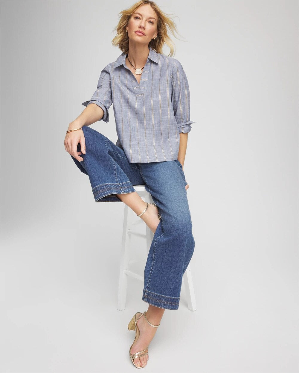 Chico's Clothing Striped Soft Denim Popover