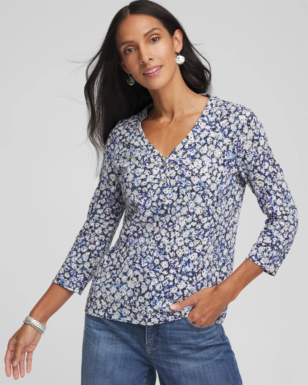 Chico's Clothing Printed Slub Splitneck Button Tee