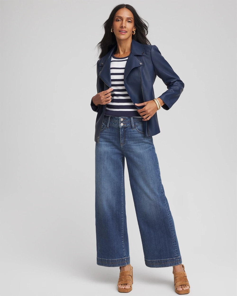 Chico's Clothing Striped 3/4 Sleeve Perfect Tee