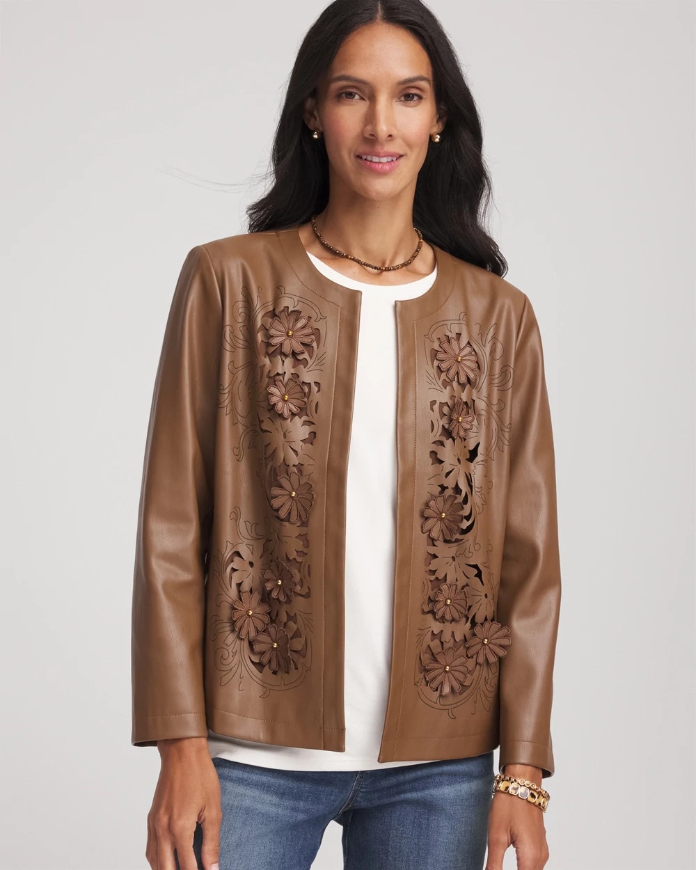 Chico's Clothing Floral Cutwork Faux Leather Jacket