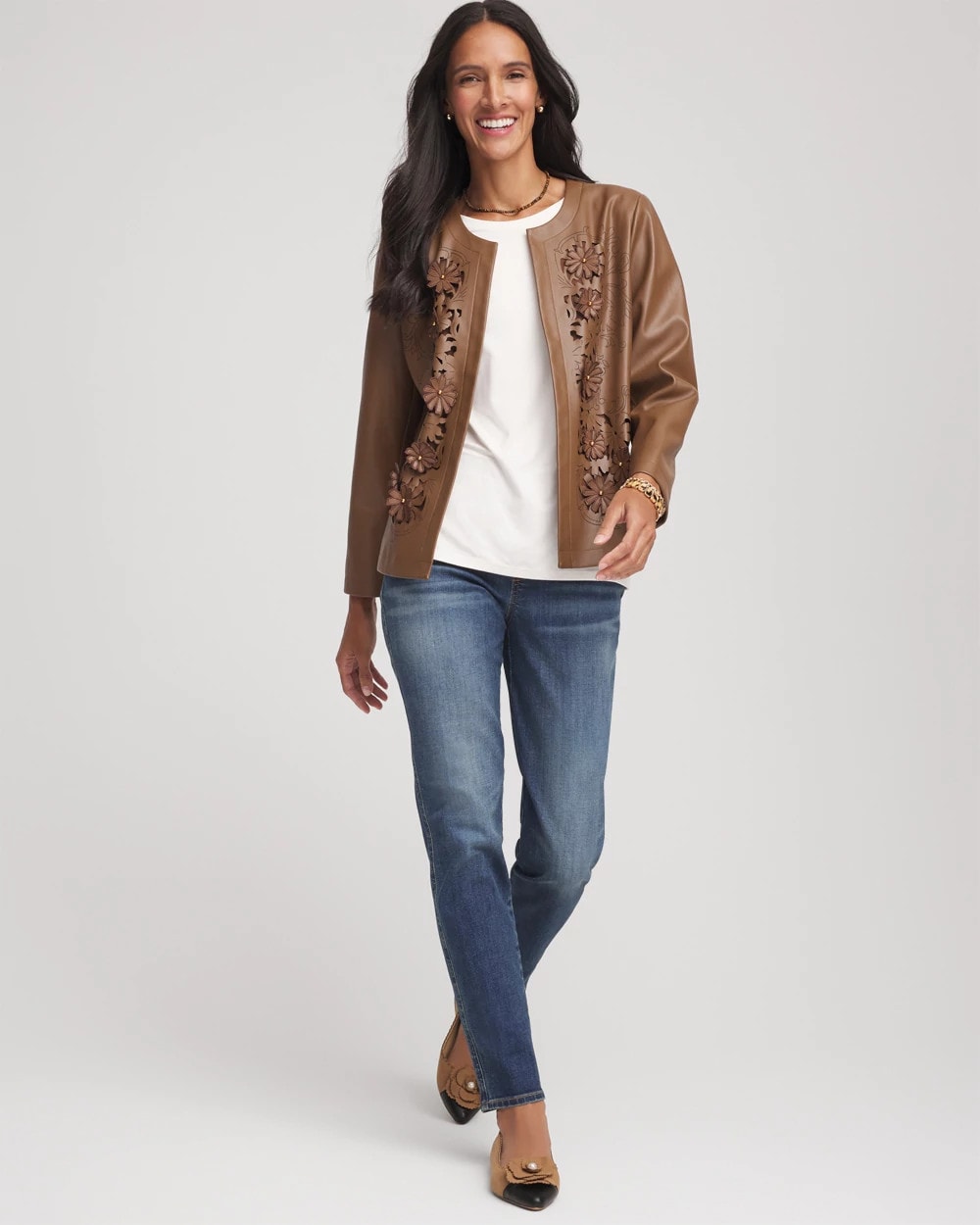 Chico's Clothing Floral Cutwork Faux Leather Jacket