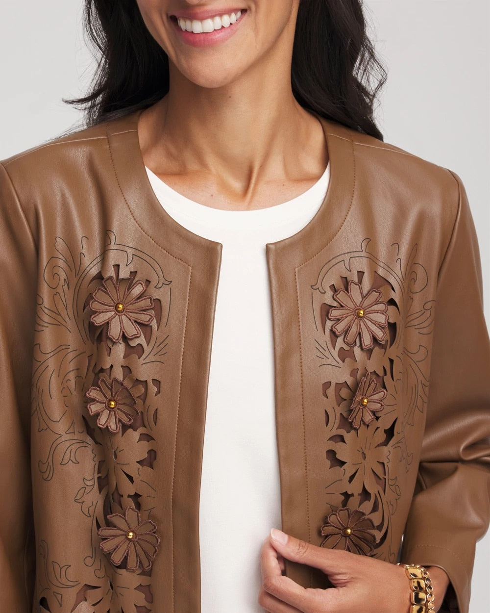 Chico's Clothing Floral Cutwork Faux Leather Jacket