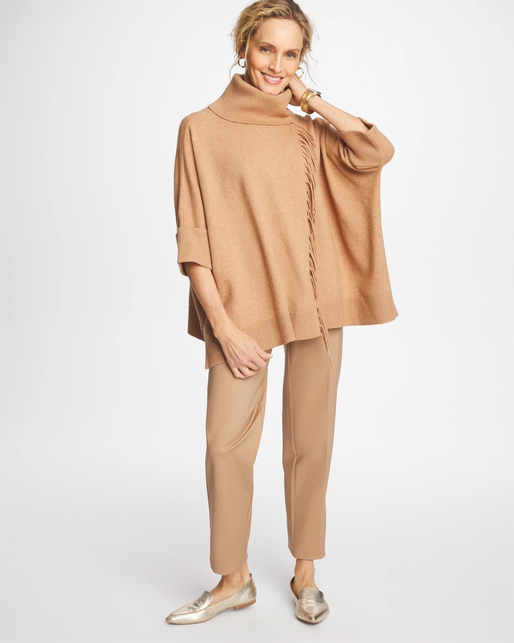 Chico's Clothing Cowlneck Knit Fringe Poncho
