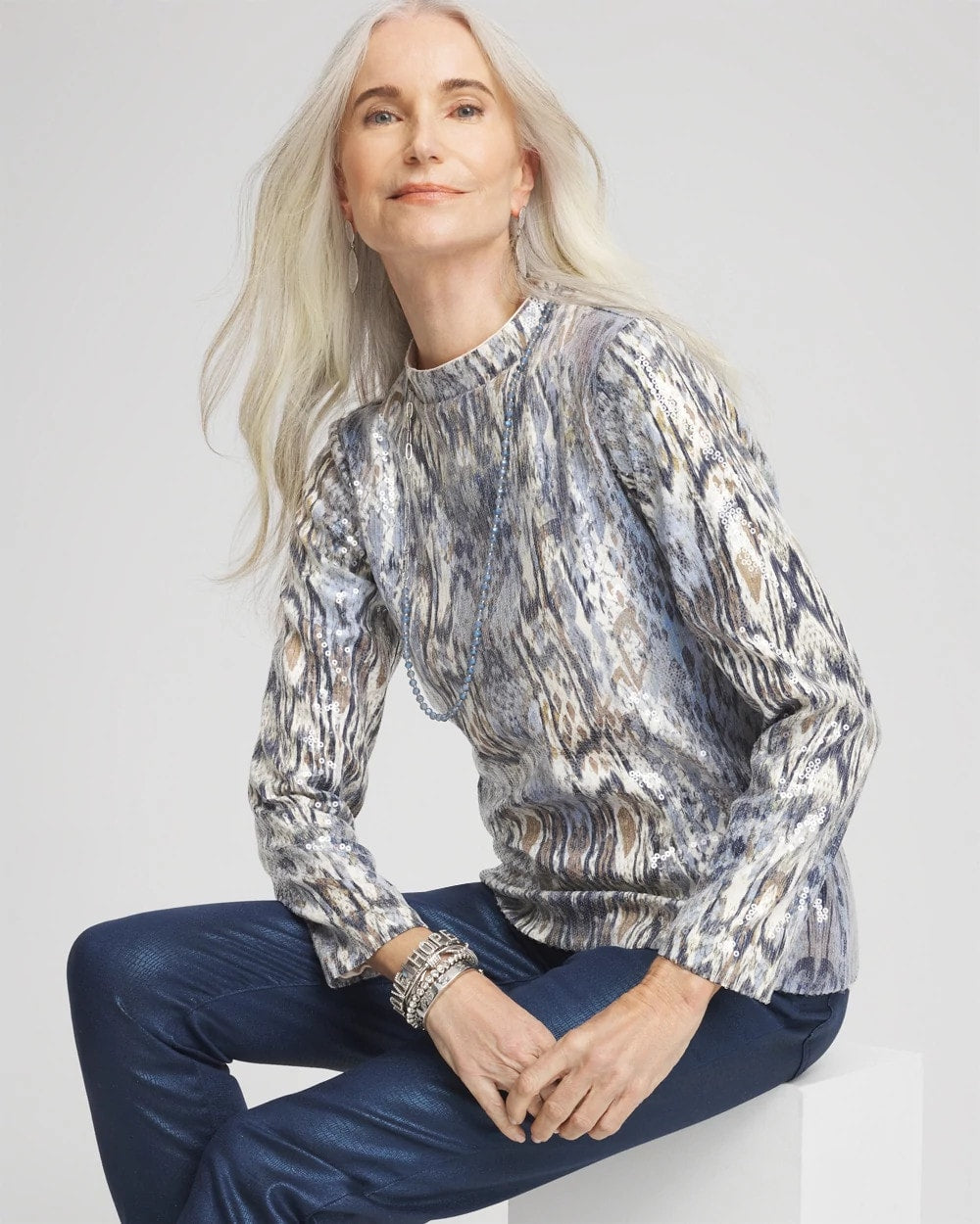Chico's Clothing Sequin Reptile Funnel Neck tee