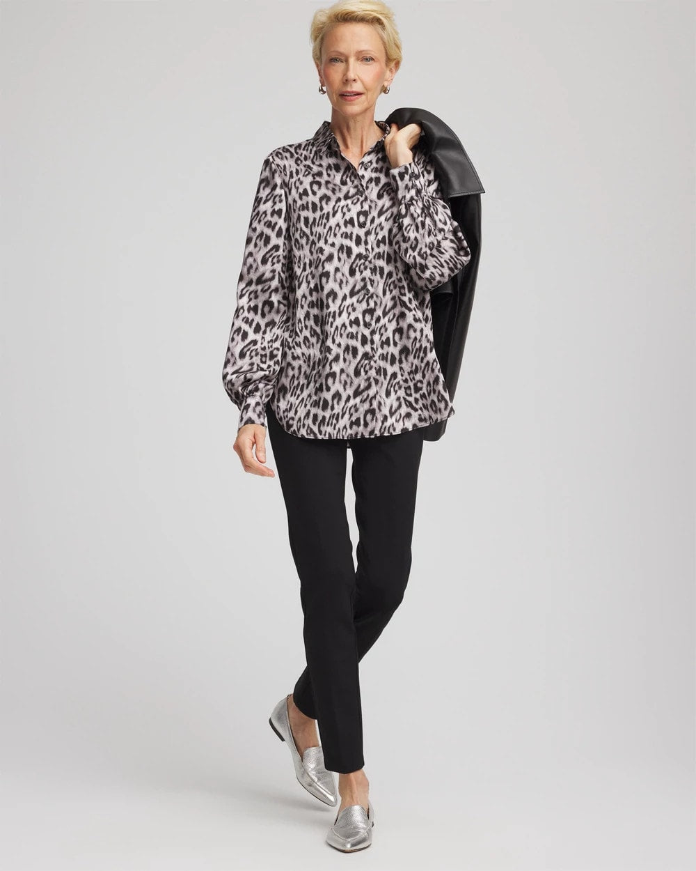 Chico's Clothing Faux Silk Snowy Animal Shirt