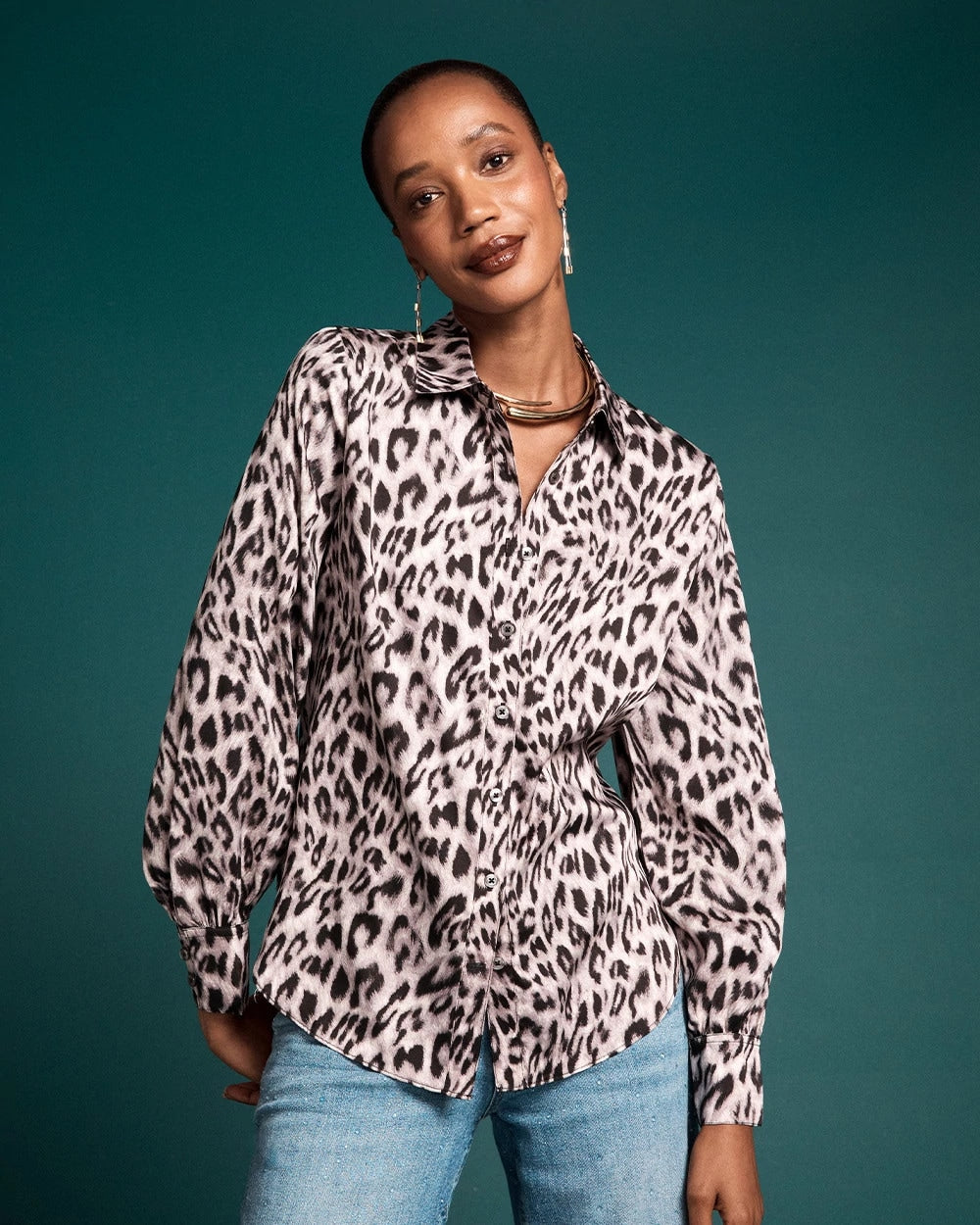 Chico's Clothing Faux Silk Snowy Animal Shirt