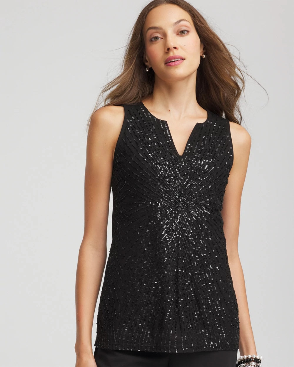 Chico's Clothing Sequin Beaded Notch Neck Tank
