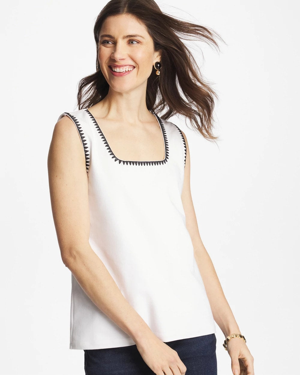 Chico's Clothing Pima Blanket Stitch Square Neck Tank