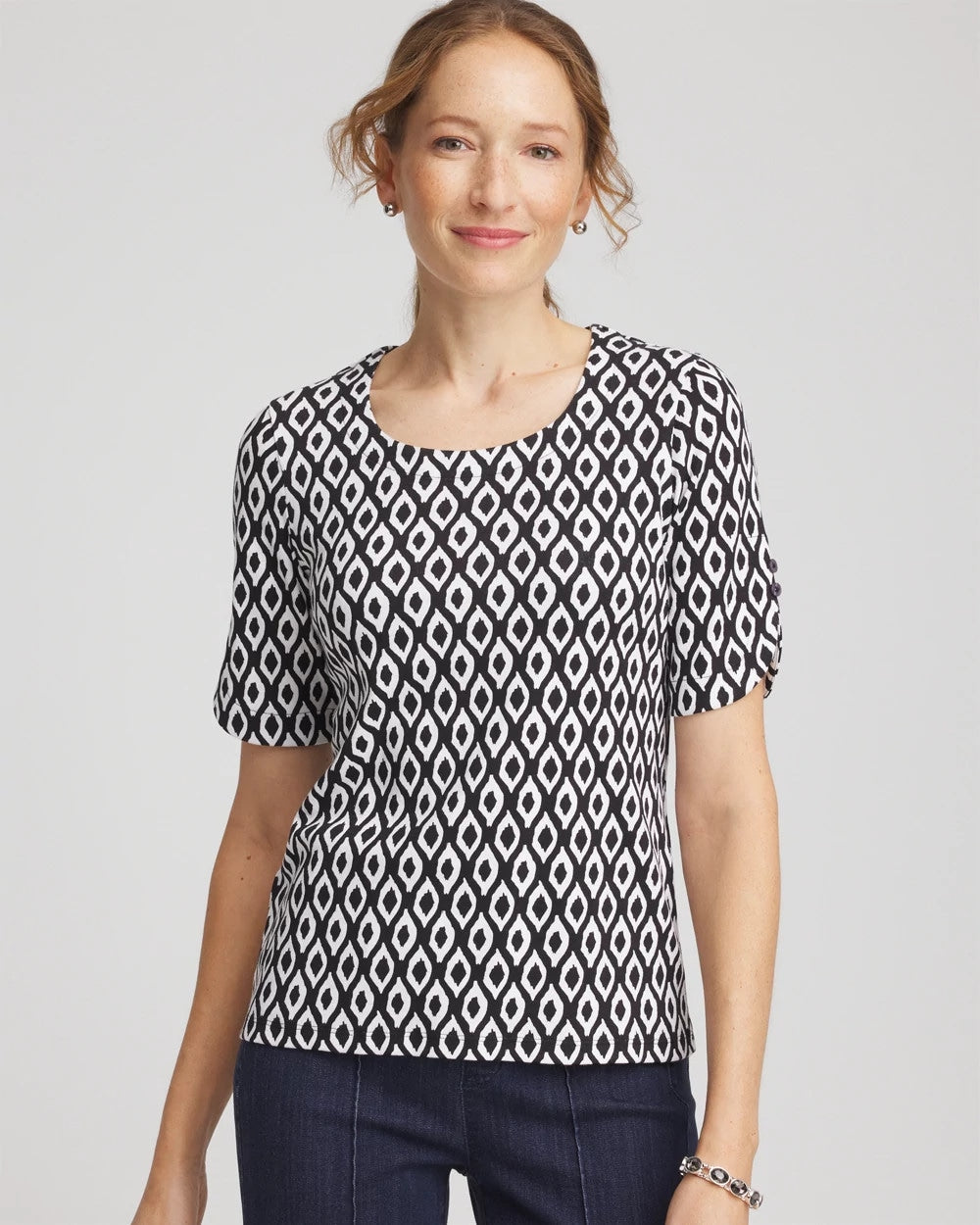 Chico's Clothing Printed Pima Elbow Sleeve Tee