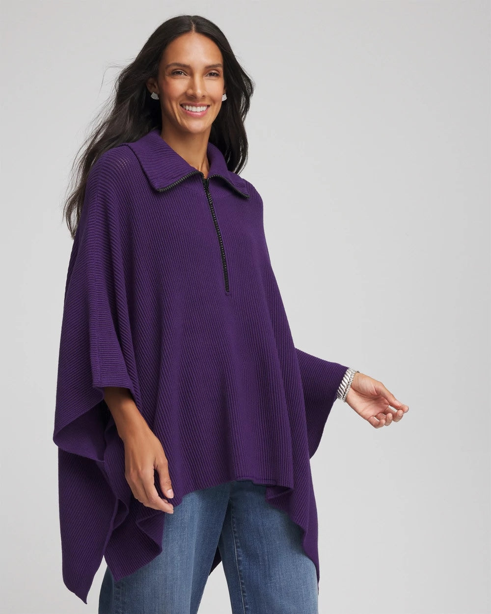 Chico's Clothing Rhinestone Zip-Collar Sweater Poncho