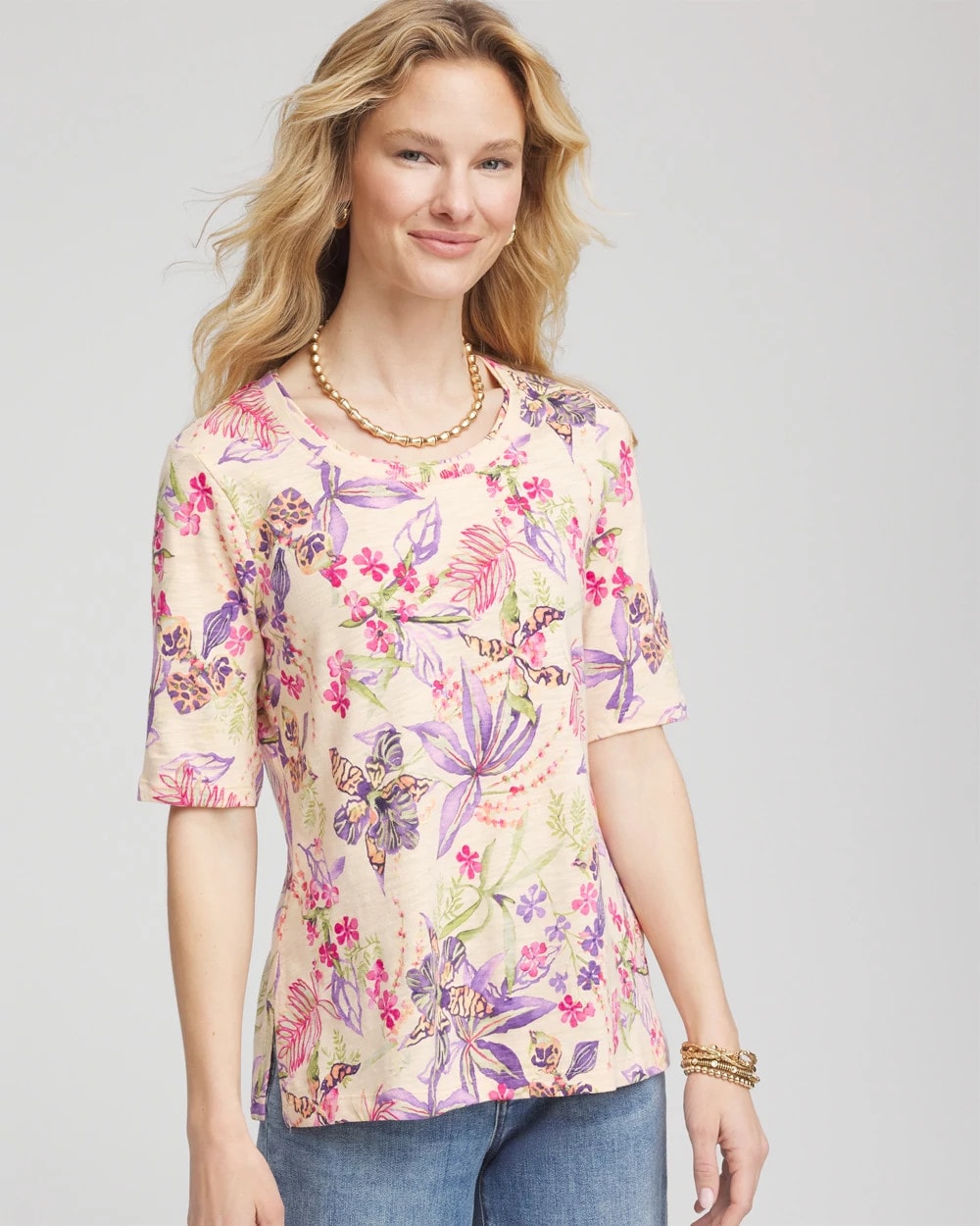 Chico's Clothing Tropical Floral Elbow-Sleeve Tee