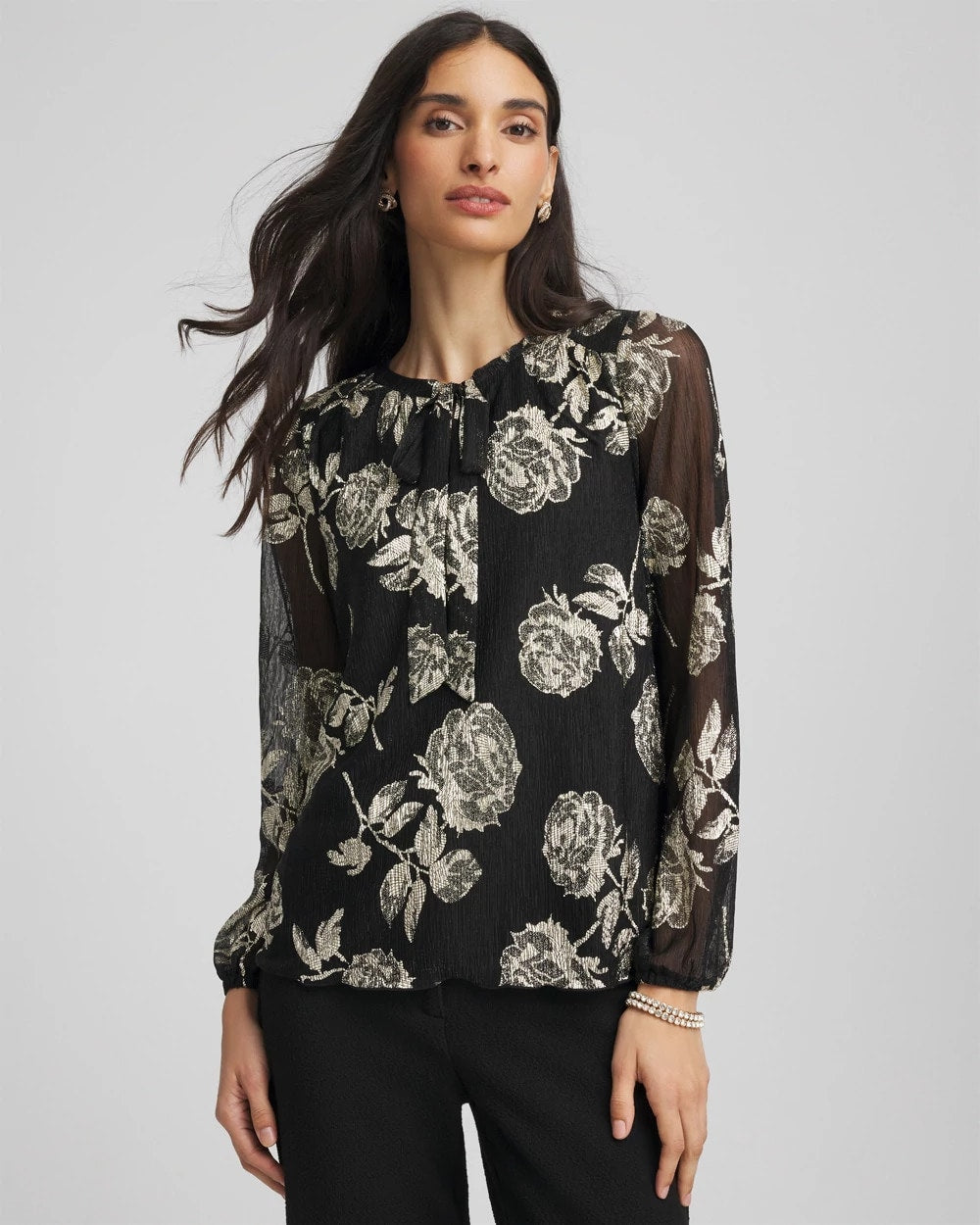 Chico's Clothing Floral Metallic Bodre Top