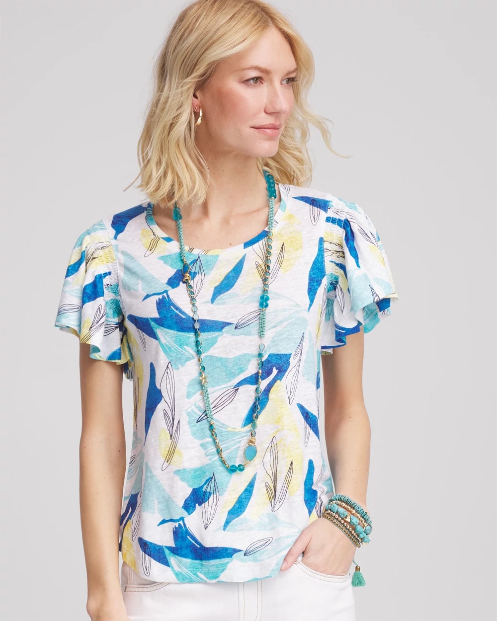 Chico's Clothing Linen Smocked Flutter-Sleeved Tee