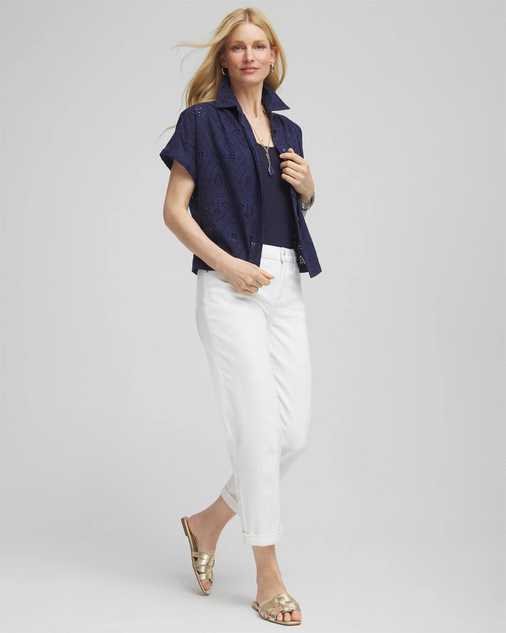 Chico's Clothing Embroidered Eyelet Button-down Top