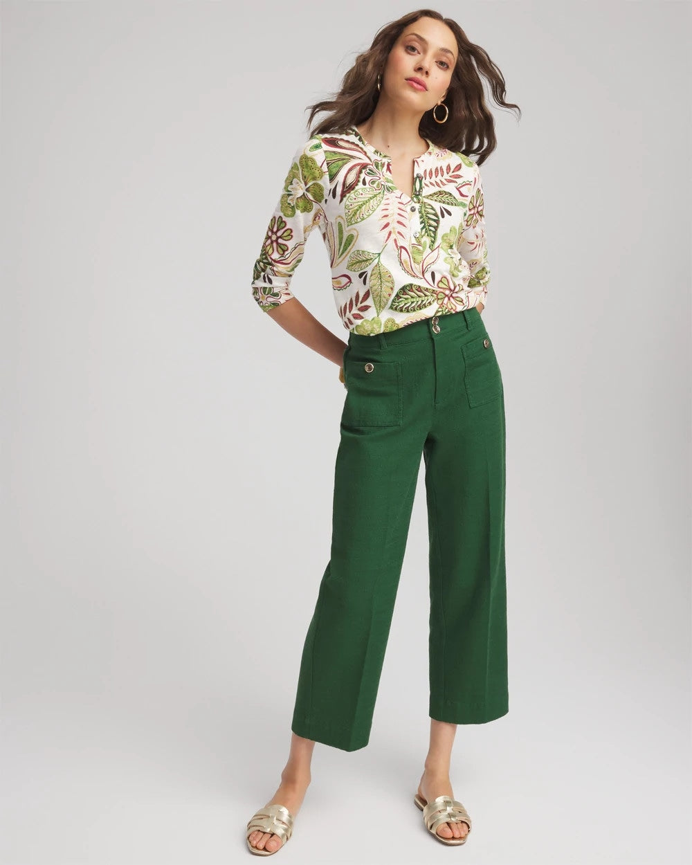Chico's Clothing Tropical Cotton Slub Henley Shirt