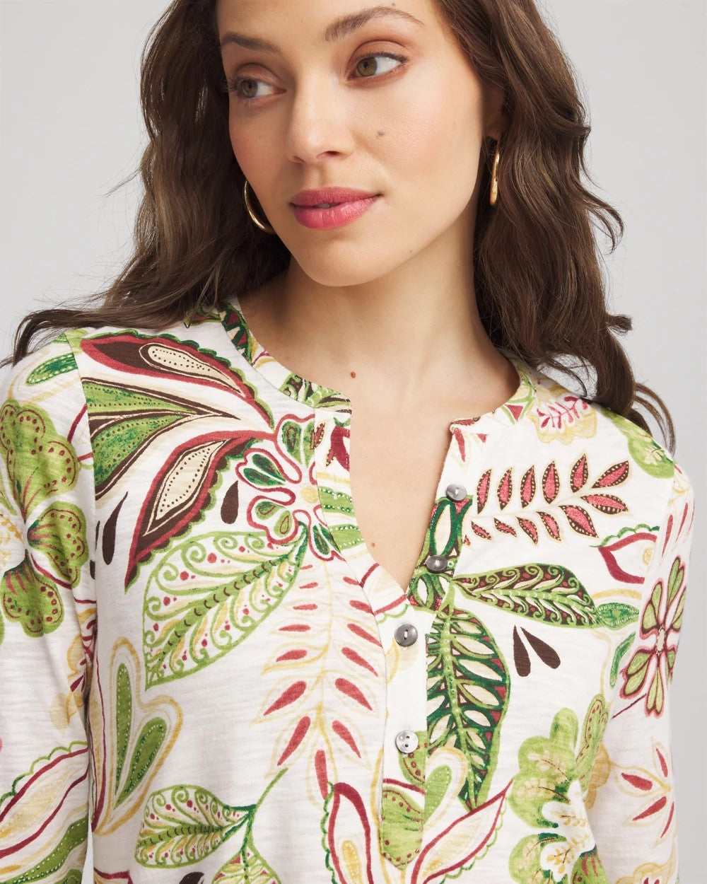 Chico's Clothing Tropical Cotton Slub Henley Shirt
