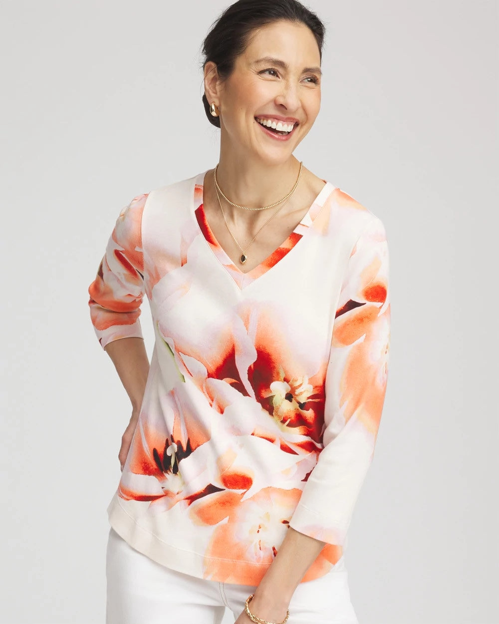Chico's Clothing Tropical Floral 3/4 Sleeve Tee