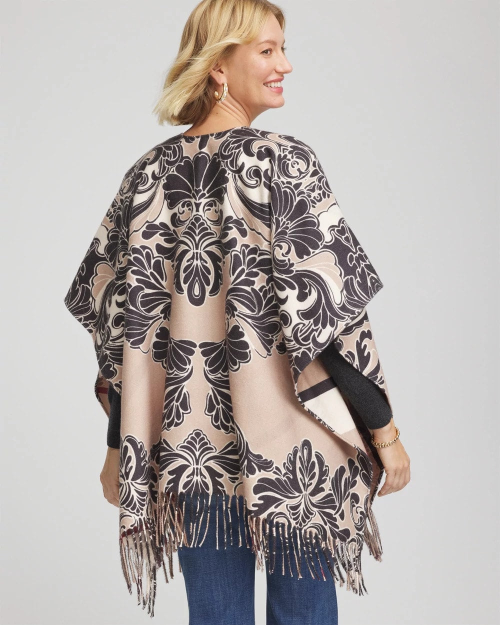 Chico's Clothing Reversible Printed Fringe Ruana