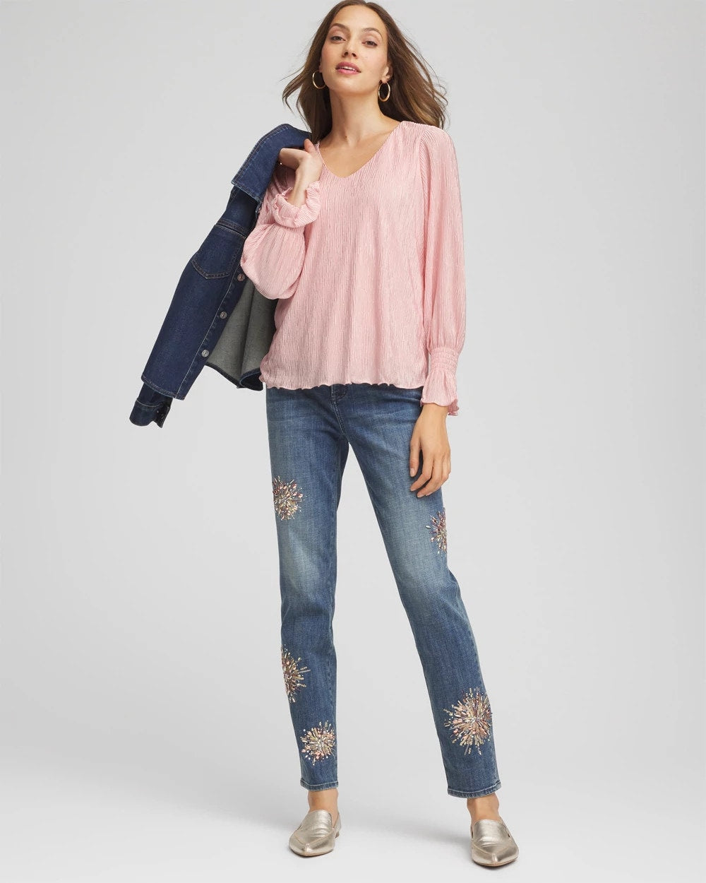 Chico's Clothing Crinkle Bodre Voop Neck Top