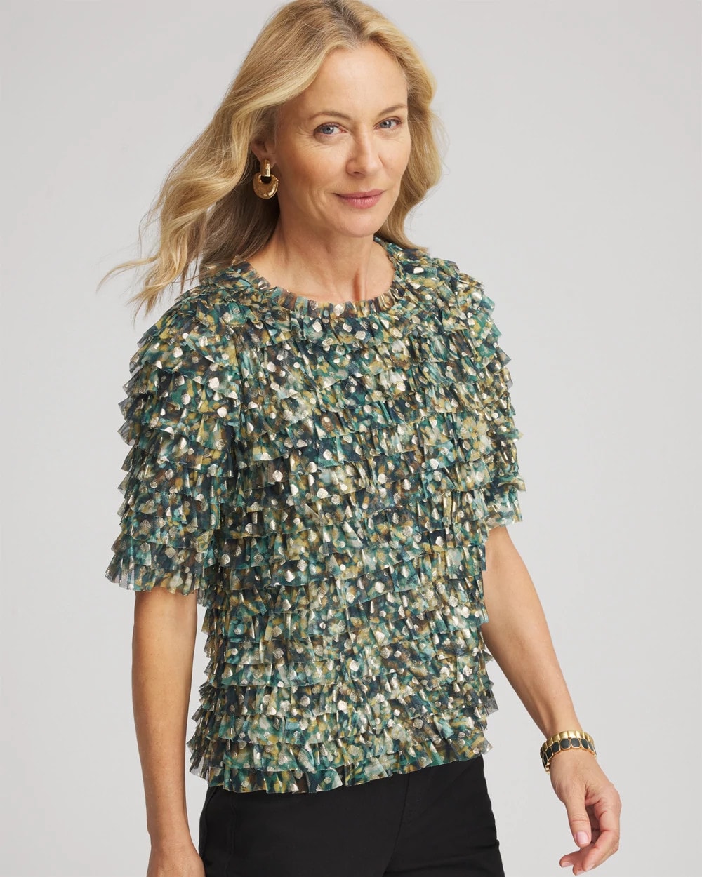 Chico's Clothing Foiled Mesh Ruffle Crop Tee