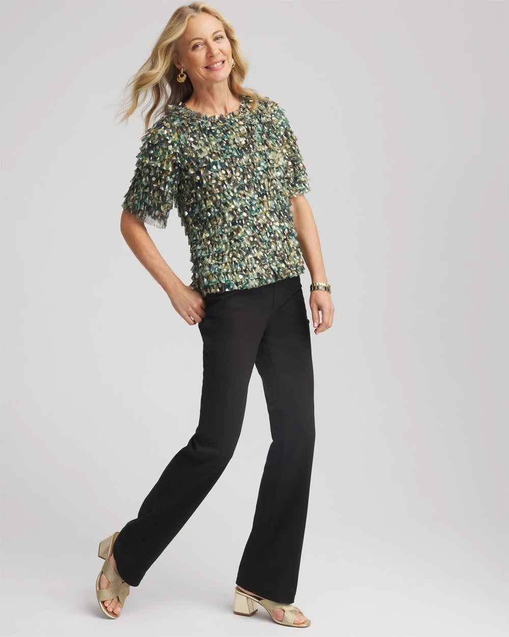 Chico's Clothing Foiled Mesh Ruffle Crop Tee
